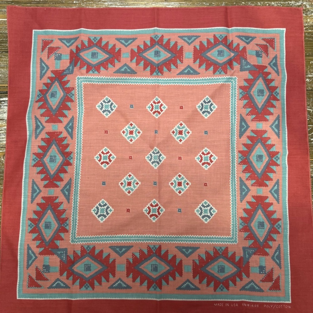 Vintage Southwestern Geometric Bandana Made in USA Coral Pink Turquoise RN 14193